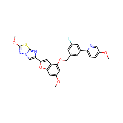 COc1ccc(-c2cc(F)cc(COc3cc(OC)cc4oc(-c5cn6nc(OC)sc6n5)cc34)c2)nc1 ZINC000205690111