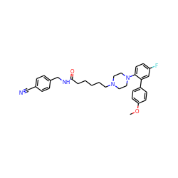 COc1ccc(-c2cc(F)ccc2N2CCN(CCCCCC(=O)NCc3ccc(C#N)cc3)CC2)cc1 ZINC001772603035