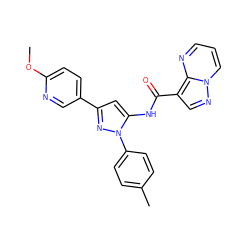 COc1ccc(-c2cc(NC(=O)c3cnn4cccnc34)n(-c3ccc(C)cc3)n2)cn1 ZINC000204767736