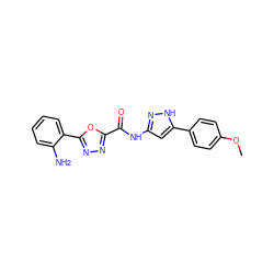 COc1ccc(-c2cc(NC(=O)c3nnc(-c4ccccc4N)o3)n[nH]2)cc1 ZINC000043021991