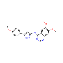 COc1ccc(-c2cc(Nc3ncnc4cc(OC)c(OC)cc34)n[nH]2)cc1 ZINC001772572455