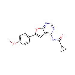 COc1ccc(-c2cc3c(NC(=O)C4CC4)ncnc3o2)cc1 ZINC000014946132