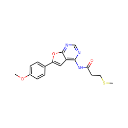 COc1ccc(-c2cc3c(NC(=O)CCSC)ncnc3o2)cc1 ZINC000014946130