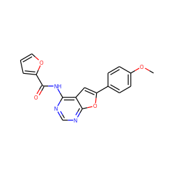 COc1ccc(-c2cc3c(NC(=O)c4ccco4)ncnc3o2)cc1 ZINC000014946139