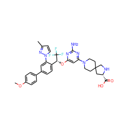 COc1ccc(-c2ccc([C@@H](Oc3cc(N4CCC5(CC4)CN[C@H](C(=O)O)C5)nc(N)n3)C(F)(F)F)c(-n3ccc(C)n3)c2)cc1 ZINC001772625281