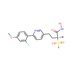 COc1ccc(-c2ccc(CC[C@@](C)(C(=O)NO)S(C)(=O)=O)cn2)c(F)c1 ZINC000169708230