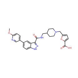 COc1ccc(-c2ccc3[nH]nc(C(=O)NCC4CCN(Cc5ccc(C(=O)O)o5)CC4)c3c2)cn1 ZINC000220789497