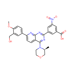 COc1ccc(-c2ccc3c(N4CCOC[C@@H]4C)nc(-c4cc(C(=O)O)cc([N+](=O)[O-])c4)nc3n2)cc1CO ZINC000139641177