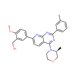 COc1ccc(-c2ccc3c(N4CCOC[C@@H]4C)nc(-c4cccc(C)c4)nc3n2)cc1CO ZINC000144749287