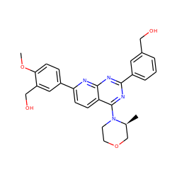 COc1ccc(-c2ccc3c(N4CCOC[C@@H]4C)nc(-c4cccc(CO)c4)nc3n2)cc1CO ZINC000168778095