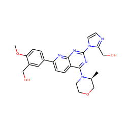 COc1ccc(-c2ccc3c(N4CCOC[C@@H]4C)nc(-n4ccnc4CO)nc3n2)cc1CO ZINC000143693135