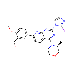 COc1ccc(-c2ccc3c(N4CCOC[C@@H]4C)nc(-n4ccnc4I)nc3n2)cc1CO ZINC000143361739