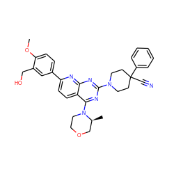 COc1ccc(-c2ccc3c(N4CCOC[C@@H]4C)nc(N4CCC(C#N)(c5ccccc5)CC4)nc3n2)cc1CO ZINC000138630997