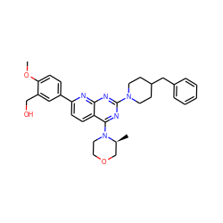 COc1ccc(-c2ccc3c(N4CCOC[C@@H]4C)nc(N4CCC(Cc5ccccc5)CC4)nc3n2)cc1CO ZINC000138630710