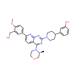 COc1ccc(-c2ccc3c(N4CCOC[C@@H]4C)nc(N4CCC(c5cccc(O)c5)CC4)nc3n2)cc1CO ZINC000138935423