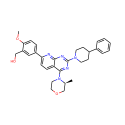 COc1ccc(-c2ccc3c(N4CCOC[C@@H]4C)nc(N4CCC(c5ccccc5)CC4)nc3n2)cc1CO ZINC000138736502