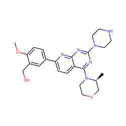 COc1ccc(-c2ccc3c(N4CCOC[C@@H]4C)nc(N4CCNCC4)nc3n2)cc1CO ZINC000138840881