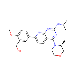 COc1ccc(-c2ccc3c(N4CCOC[C@@H]4C)nc(NC(C)C)nc3n2)cc1CO ZINC000138806970