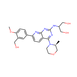 COc1ccc(-c2ccc3c(N4CCOC[C@@H]4C)nc(NC(CO)CO)nc3n2)cc1CO ZINC000138869412