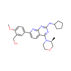 COc1ccc(-c2ccc3c(N4CCOC[C@@H]4C)nc(NC4CCCC4)nc3n2)cc1CO ZINC000138666967