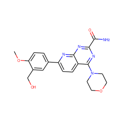 COc1ccc(-c2ccc3c(N4CCOCC4)nc(C(N)=O)nc3n2)cc1CO ZINC000205171811