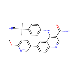 COc1ccc(-c2ccc3ncc(C(N)=O)c(Nc4ccc(C(C)(C)C#N)cc4)c3c2)cn1 ZINC000653755607