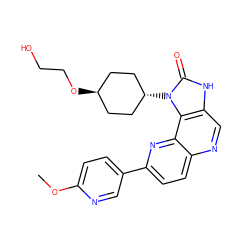 COc1ccc(-c2ccc3ncc4[nH]c(=O)n([C@H]5CC[C@H](OCCO)CC5)c4c3n2)cn1 ZINC000261119048