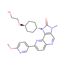 COc1ccc(-c2ccc3ncc4c(c3n2)n([C@H]2CC[C@H](OCCO)CC2)c(=O)n4C)cn1 ZINC000261097650