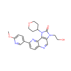 COc1ccc(-c2ccc3ncc4c(c3n2)n(C2CCOCC2)c(=O)n4CCO)cn1 ZINC000118540587