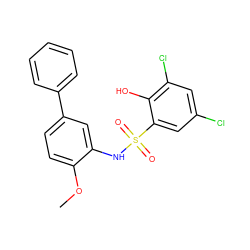 COc1ccc(-c2ccccc2)cc1NS(=O)(=O)c1cc(Cl)cc(Cl)c1O ZINC000028951410