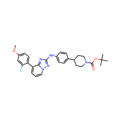 COc1ccc(-c2cccn3nc(Nc4ccc(C5CCN(C(=O)OC(C)(C)C)CC5)cc4)nc23)c(F)c1 ZINC000096169860