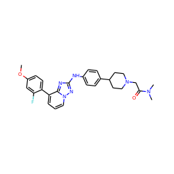 COc1ccc(-c2cccn3nc(Nc4ccc(C5CCN(CC(=O)N(C)C)CC5)cc4)nc23)c(F)c1 ZINC000096169863