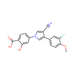 COc1ccc(-c2cn(-c3ccc(C(=O)O)c(O)c3)cc2C#N)cc1F ZINC000200840656