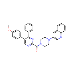 COc1ccc(-c2cnc(C(=O)N3CCN(c4cnc5ccccc5c4)CC3)nc2-c2ccccc2)cc1 ZINC000071330179