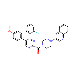 COc1ccc(-c2cnc(C(=O)N3CCN(c4cnc5ccccc5c4)CC3)nc2-c2ccccc2F)cc1 ZINC000071329727