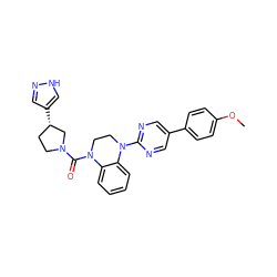 COc1ccc(-c2cnc(N3CCN(C(=O)N4CC[C@H](c5cn[nH]c5)C4)c4ccccc43)nc2)cc1 ZINC000071318227