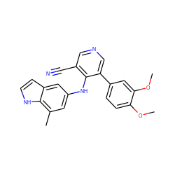 COc1ccc(-c2cncc(C#N)c2Nc2cc(C)c3[nH]ccc3c2)cc1OC ZINC000040429036