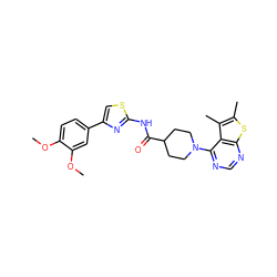 COc1ccc(-c2csc(NC(=O)C3CCN(c4ncnc5sc(C)c(C)c45)CC3)n2)cc1OC ZINC000024766983