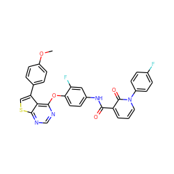 COc1ccc(-c2csc3ncnc(Oc4ccc(NC(=O)c5cccn(-c6ccc(F)cc6)c5=O)cc4F)c23)cc1 ZINC000072113380