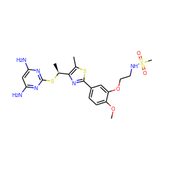 COc1ccc(-c2nc([C@H](C)Sc3nc(N)cc(N)n3)c(C)s2)cc1OCCNS(C)(=O)=O ZINC000299835220