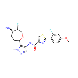 COc1ccc(-c2nc(C(=O)Nc3cnn(C)c3[C@@H]3CC[C@@H](N)[C@H](F)CO3)cs2)c(F)c1 ZINC000221390551