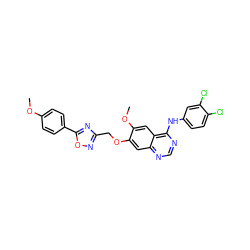 COc1ccc(-c2nc(COc3cc4ncnc(Nc5ccc(Cl)c(Cl)c5)c4cc3OC)no2)cc1 ZINC000114821578