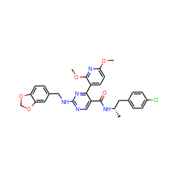 COc1ccc(-c2nc(NCc3ccc4c(c3)OCO4)ncc2C(=O)N[C@@H](C)Cc2ccc(Cl)cc2)c(OC)n1 ZINC000044358271