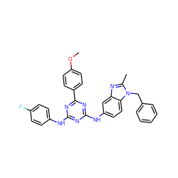 COc1ccc(-c2nc(Nc3ccc(F)cc3)nc(Nc3ccc4c(c3)nc(C)n4Cc3ccccc3)n2)cc1 ZINC000653803760