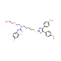 COc1ccc(-c2nc(SCCCCCN(CCOCCO)C(=O)Nc3ccc(F)cc3F)[nH]c2-c2ccc(OC)cc2)cc1 ZINC000026019122