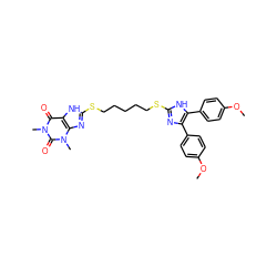 COc1ccc(-c2nc(SCCCCCSc3nc4c([nH]3)c(=O)n(C)c(=O)n4C)[nH]c2-c2ccc(OC)cc2)cc1 ZINC000029476782