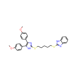 COc1ccc(-c2nc(SCCCCCSc3nc4ccccc4[nH]3)[nH]c2-c2ccc(OC)cc2)cc1 ZINC000029482516