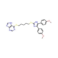 COc1ccc(-c2nc(SCCCCCSc3ncnc4nc[nH]c34)[nH]c2-c2ccc(OC)cc2)cc1 ZINC000029478949