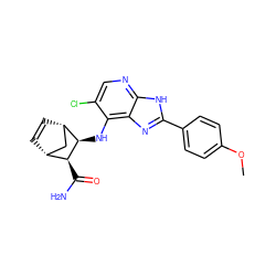 COc1ccc(-c2nc3c(N[C@H]4[C@@H](C(N)=O)[C@@H]5C=C[C@H]4C5)c(Cl)cnc3[nH]2)cc1 ZINC000169329248