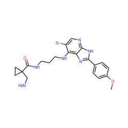 COc1ccc(-c2nc3c(NCCCNC(=O)C4(CN)CC4)c(Br)cnc3[nH]2)cc1 ZINC000084603150